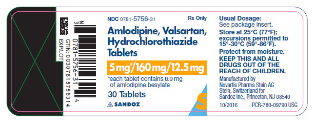 PRINCIPAL DISPLAY PANEL Package Label – 5 mg / 160 mg / 12.5 mg Rx Only  NDC: <a href=/NDC/0781-5756-31>0781-5756-31</a> AMLODIPINE, VALSARTAN, HYDROCHLOROTHIAZIDE TABLETS  (amlodipine, valsartan, hydrochlorothiazide) 5 mg* / 160 mg / 12.5 mg *each tablet contains 6.9 mg of amlodipine besylate 30 Tablets