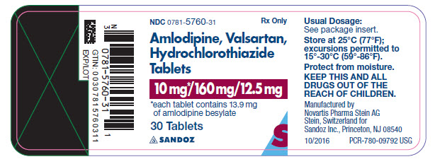PRINCIPAL DISPLAY PANEL Package Label – 10 mg / 160 mg / 12.5 mg Rx Only  NDC: <a href=/NDC/0781-5760-31>0781-5760-31</a> AMLODIPINE, VALSARTAN, HYDROCHLOROTHIAZIDE TABLETS 10 mg* / 160 mg / 12.5 mg *each tablet contains 13.9 mg of amlodipine besylate 30 Tablets
