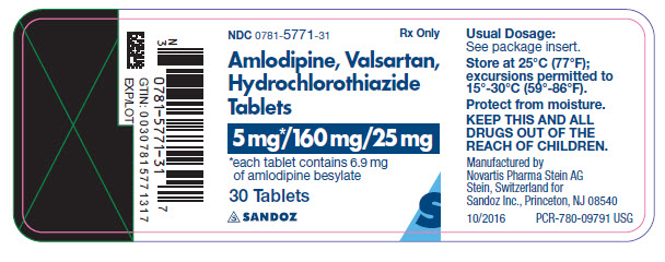 PRINCIPAL DISPLAY PANEL Package Label – 5 mg / 160 mg / 25 mg Rx Only  NDC: <a href=/NDC/0781-5771-31>0781-5771-31</a> AMLODIPINE, VALSARTAN, HYDROCHLOROTHIAZIDE TABLETS 5 mg* / 160 mg / 25 mg *each tablet contains 6.9 mg of amlodipine besylate 30 Tablets