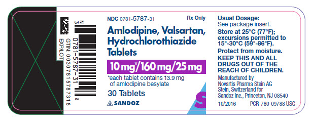 PRINCIPAL DISPLAY PANEL Package Label – 10 mg / 160 mg / 25 mg Rx Only  NDC: <a href=/NDC/0781-5787-31>0781-5787-31</a> AMLODIPINE, VALSARTAN, HYDROCHLOROTHIAZIDE TABLETS 10 mg* / 160 mg / 25 mg *each tablet contains 13.9 mg of amlodipine besylate 30 Tablets