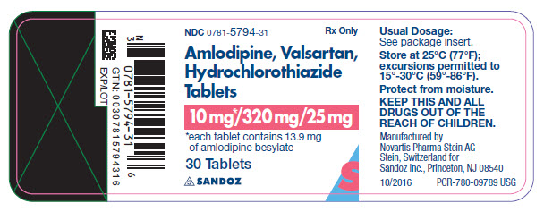 PRINCIPAL DISPLAY PANEL Package Label – 10 mg / 320 mg / 25 mg Rx Only  NDC: <a href=/NDC/0781-5794-31>0781-5794-31</a> AMLODIPINE, VALSARTAN, HYDROCHLOROTHIAZIDE TABLETS 10 mg* / 320 mg / 25 mg *each tablet contains 13.9 mg of amlodipine besylate 30 Tablets