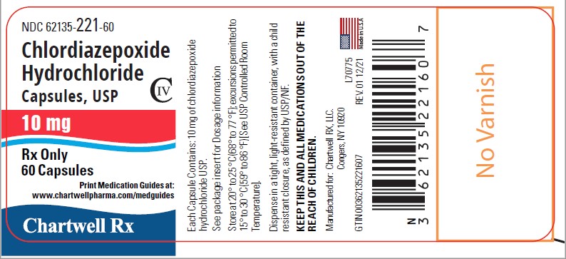 Chlordiazepoxide Hydrochloride 10mg - NDC: <a href=/NDC/62135-221-60>62135-221-60</a> - 60 Capsules Label