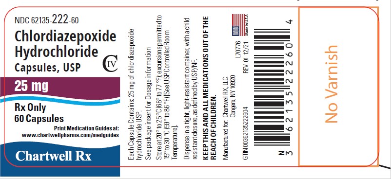 Chlordiazepoxide Hydrochloride 25mg - NDC: <a href=/NDC/62135-222-60>62135-222-60</a> - 60 Capsules Label