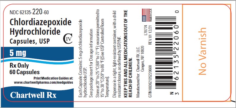 Chlordiazepoxide Hydrochloride 5mg - NDC: <a href=/NDC/62135-220-60>62135-220-60</a> - 60 Capsules Label