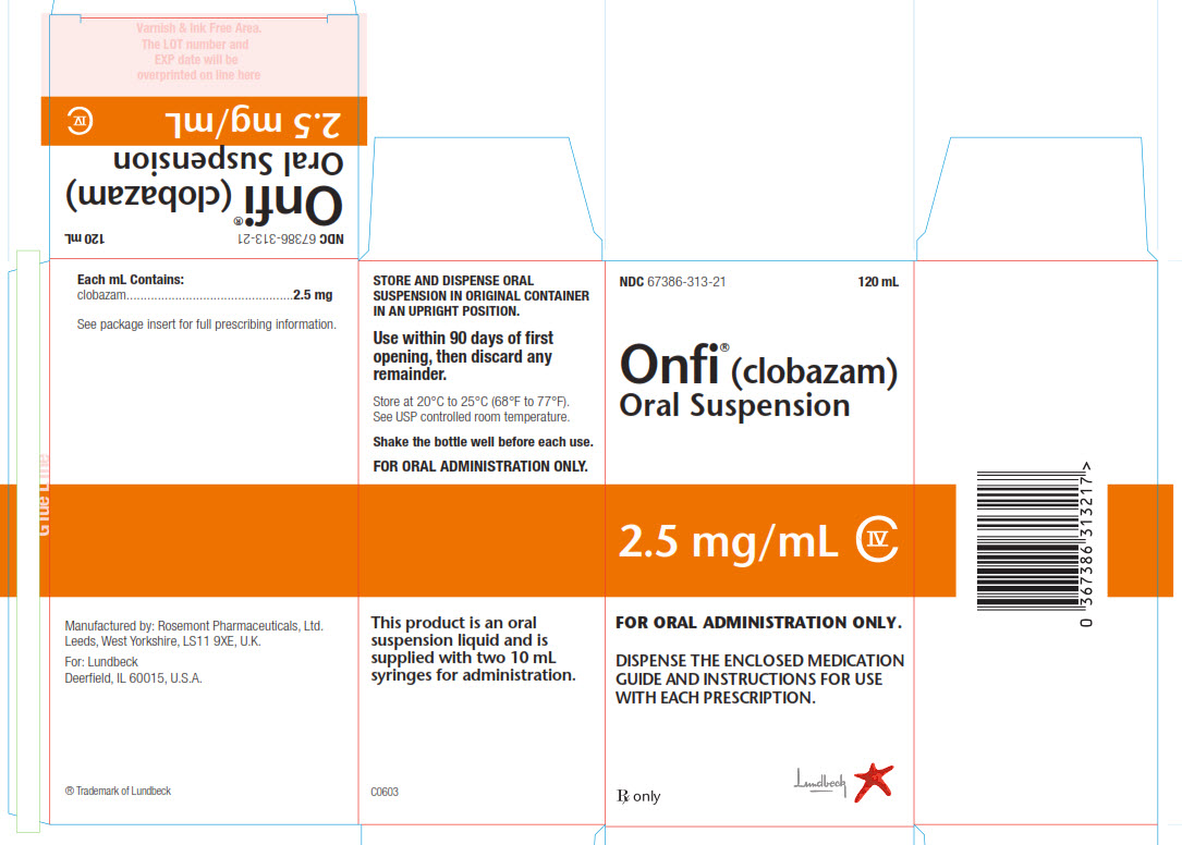 NDC: <a href=/NDC/67386-313-21>67386-313-21</a> 120 mL Onfi® (clobazam) Oral Suspension 2.5 mg/mL C-IV FOR ORAL ADMINISTRATION ONLY. DISPENSE THE ENCLOSED MEDICATION GUIDE AND INSTRUCTIONS FOR USE WITH EACH PRESCRIPTION. Rx only