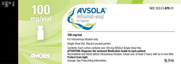 PRINCIPAL DISPLAY PANEL

NDC: <a href=/NDC/55513-670-01>55513-670-01</a>
AVSOLA™
(infliximab-axxq)
For Injection 
100 mg/vial
AMGEN®
100 mg/vial
For Intravenous infusion only
Single-Dose Vial. Discard unused portion.
Contents: Each carton contains one 100 mg AVSOLA Single-Dose Vial.
ATTENTION: Dispense the enclosed Medication Guide to each patient
Reconstitute and Dilute before Intravenous Infusion. Infuse over at least 2 hours with an in-line filter.
Protect from light.
Dosage: See Prescribing Information.
Rx Only
