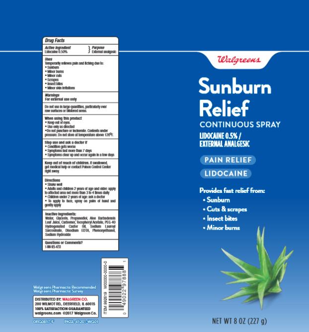 Walgreens
Sunburn Relief
CONTINUOUS SPRAY
LIDOCAINE 0.5% /
EXTERNAL ANALGESIC
PAIN RELIEF
LIDOCAINE
8 OZ (227 g)
