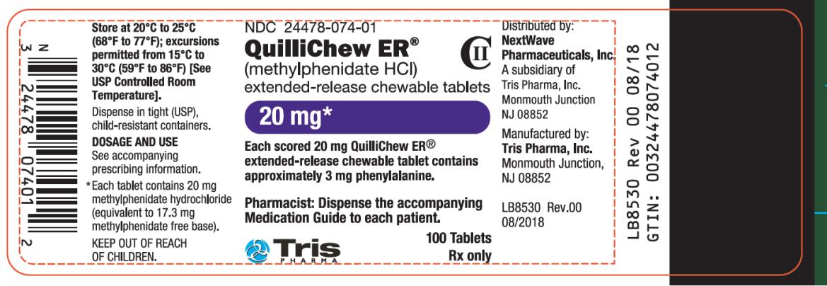 PRINCIPAL DISPLAY PANEL
NDC: <a href=/NDC/24478-074-01>24478-074-01</a>
QUILLICHEW ER
(methylphenidate HCI)
extended-release chewable tablets CII
20 mg
100 Tablets
Rx Only
