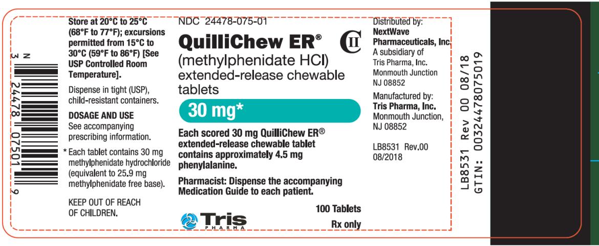 PRINCIPAL DISPLAY PANEL
NDC: <a href=/NDC/24478-075-01>24478-075-01</a>
QUILLICHEW ER
(methylphenidate HCI)
extended-release chewable tablets CII
30 mg
100 Tablets
Rx Only

