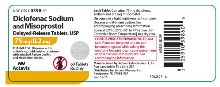 NDC: <a href=/NDC/0591-0398-60>0591-0398-60</a> Diclofenac Sodium and Misoprostol Delayed-Release Tablets, USP 75 mg/0.2 mg 60 Tablets Rx Only