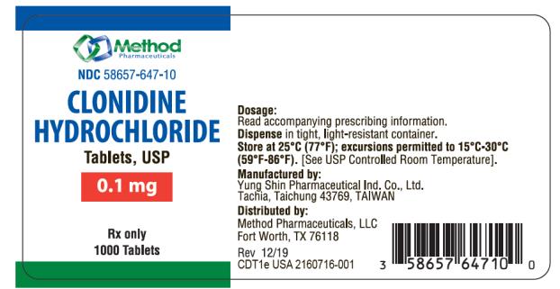 NDC: <a href=/NDC/58657-647-10>58657-647-10</a>
CLONIDINE
HYDROCHLORIDE
TABLETS, USP
0.1 mg
Rx Only
1000 Tablets
