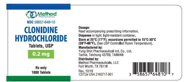 NDC: <a href=/NDC/58657-648-10>58657-648-10</a>
CLONIDINE
HYDROCHLORIDE
TABLETS, USP
0.2 mg
Rx Only
1000 Tablets
