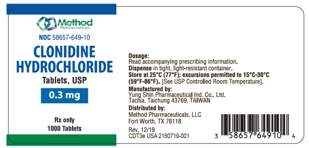 NDC: <a href=/NDC/58657-649-10>58657-649-10</a>
CLONIDINE
HYDROCHLORIDE
TABLETS, USP
0.3 mg
Rx Only
1000 Tablets

