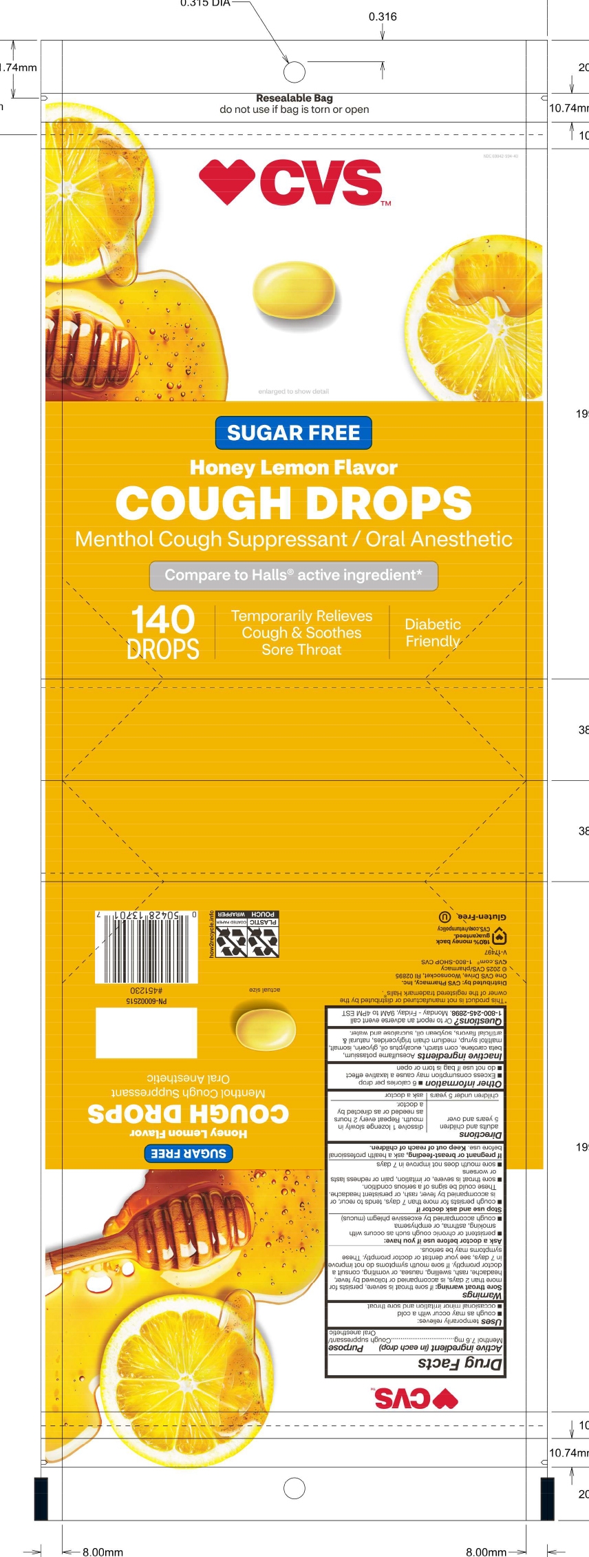 CVS SF Honey Lemon Cough Drops 140ct
