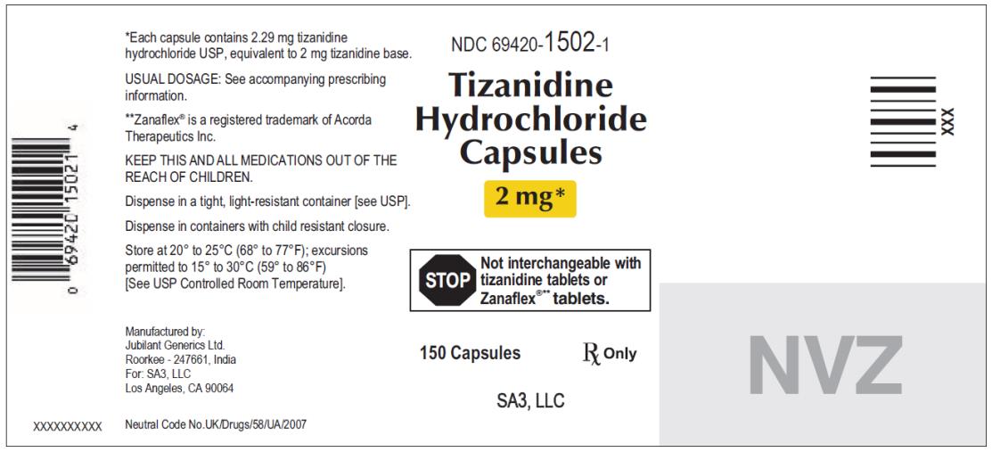 PRINCIPAL DISPLAY PANEL
NDC: <a href=/NDC/69420-1502-1>69420-1502-1</a>
Tizanidine
Hydrochloride
Capsules
2 mg
150 capsules
Rx Only
