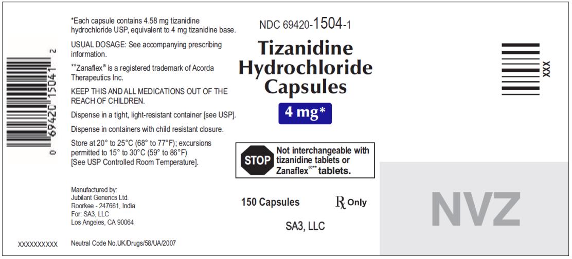 PRINCIPAL DISPLAY PANEL
NDC: <a href=/NDC/69420-1504-1>69420-1504-1</a>
Tizanidine
Hydrochloride
Capsules
4 mg
150 capsules
Rx Only
