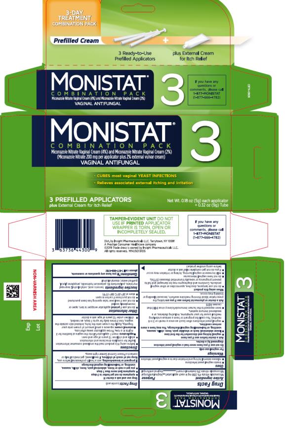 PRINCIPAL DISPLAY PANEL
- Kit Carton
MONISTAT® 3
COMBINATION PACK
Miconazole Nitrate Vaginal Cream (4%) and Miconazole Nitrate Cream (2%)
(Miconazole Nitrate 200 mg per applicator plus 2% external vulvar cream)
VAGINAL ANTIFUNGAL
3 PREFILLED APPLICATORS		Net Wt. 0.18 oz. (5g) each applicator
plus External Cream for Itch Relief 				+0.32 oz. (9g) tube
