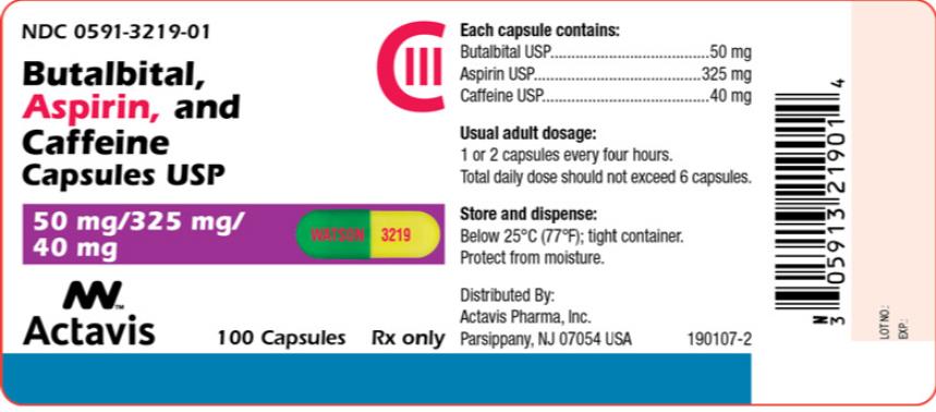 PRINCIPAL DISPLAY PANEL
NDC: <a href=/NDC/0591-3219-01>0591-3219-01</a>
Butalbital, 
Aspirin, and 
Caffeine 
Capsules, USP
50 mg/325 mg/
40 mg
100 Capsules
Rx Only
