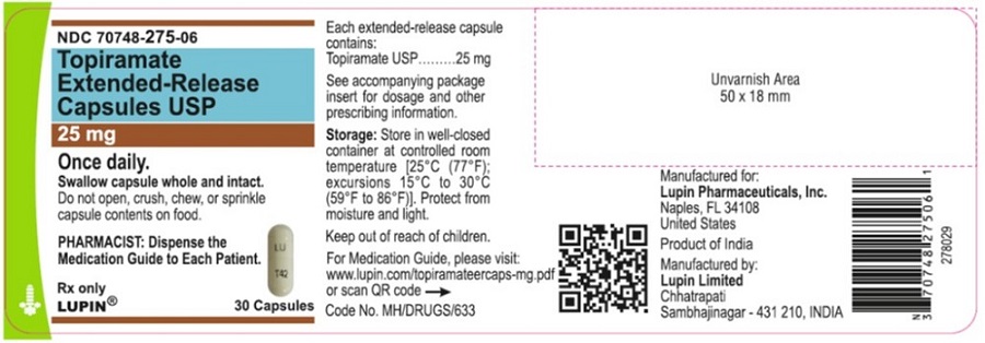 Topiramate Extended-release Capsules USP, 25 mg
30 Capsules 
NDC: <a href=/NDC/70748-275-06>70748-275-06</a>