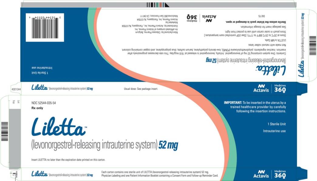 PRINCIPAL DISPLAY PANEL
NDC: <a href=/NDC/52544-035-54>52544-035-54</a>
RxOnly
Liletta
(levonorgestrel-releasing intrauterine system)
52 mg
