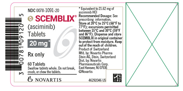 PRINCIPAL DISPLAY PANEL
								NDC: <a href=/NDC/0078-1091-20>0078-1091-20</a>
								SCEMBLIX®
								(capmatinib) Tablets
								20 mg*
								Rx only
								60 Tablets
								Swallow tablets whole. Do not break, crush, or chew the tablets.
								NOVARTIS
							