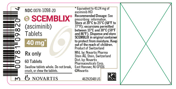 PRINCIPAL DISPLAY PANEL
								NDC: <a href=/NDC/0078-1098-20>0078-1098-20</a>
								SCEMBLIX®
								(asciminib) Tablets
								40 mg*
								Rx only
								60 Tablets
								Swallow tablets whole. Do not break, crush, or chew the tablets.
								NOVARTIS