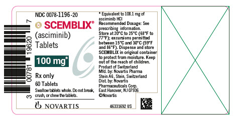 PRINCIPAL DISPLAY PANEL
								NDC: <a href=/NDC/0078-1196-20>0078-1196-20</a>
								SCEMBLIX®
								(asciminib) Tablets
								100 mg*
								Rx only
								60 Tablets
								Swallow tablets whole. Do not break, crush, or chew the tablets.
								NOVARTIS