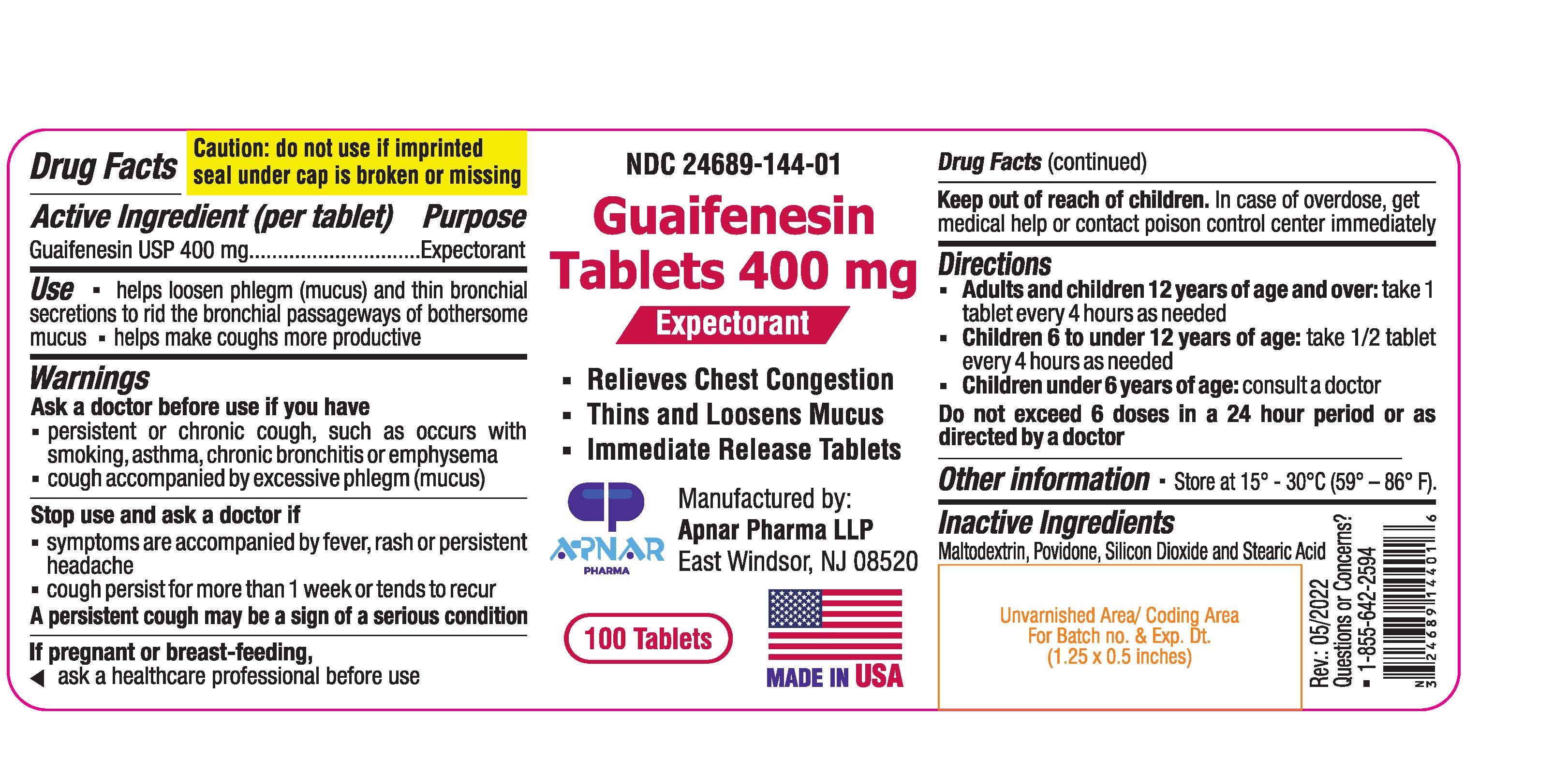 Guaifenesin Tablets 400 mg - Label - 100s