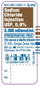 NDC: <a href=/NDC/0641-0497-17>0641-0497-17</a> Rx only Sodium Chloride Injection USP, 0.9% 0.308 mOsmol/mL PRESERVATIVE-FREE For use as a sterile diluent 2 mL Single Dose Vial