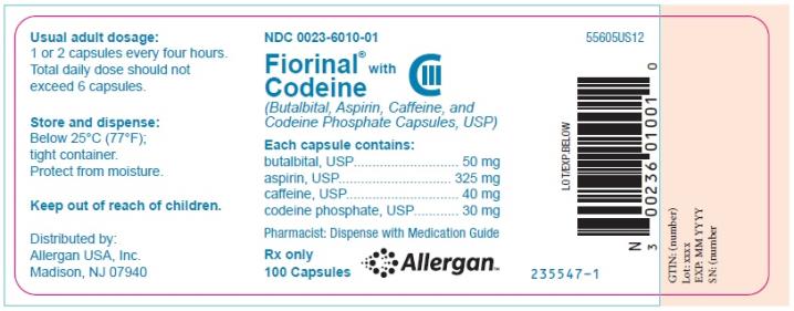 NDC: <a href=/NDC/0023-6010-01>0023-6010-01</a>
Fiorinal® with Codeine CIII
(Butalbital, Aspirin, Caffeine, and
Codeine Phosphate Capsules, USP)
Rx Only
100 Capsules
