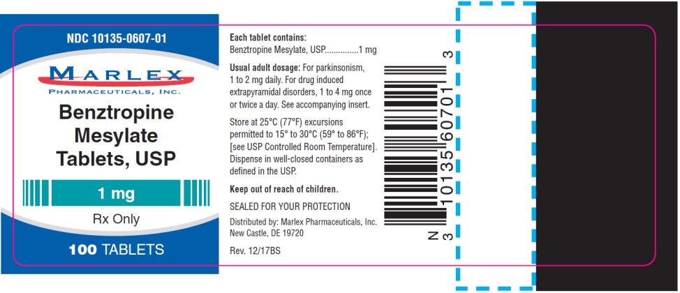 PRINCIPAL DISPLAY PANEL
NDC: <a href=/NDC/10135-0607-0>10135-0607-0</a>1
Benztropine
Mesylate
Tablets,USP
1 mg
100 Tablets
Rx Only
