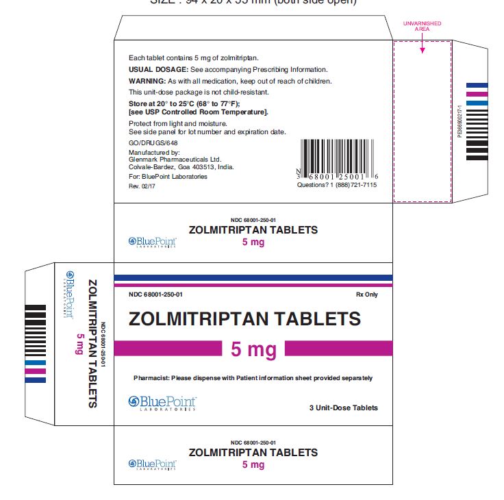 Zolmitriptan Tablets 5mg NDC: <a href=/NDC/68001-250-01>68001-250-01</a>, 3 Unit Dose Tablets