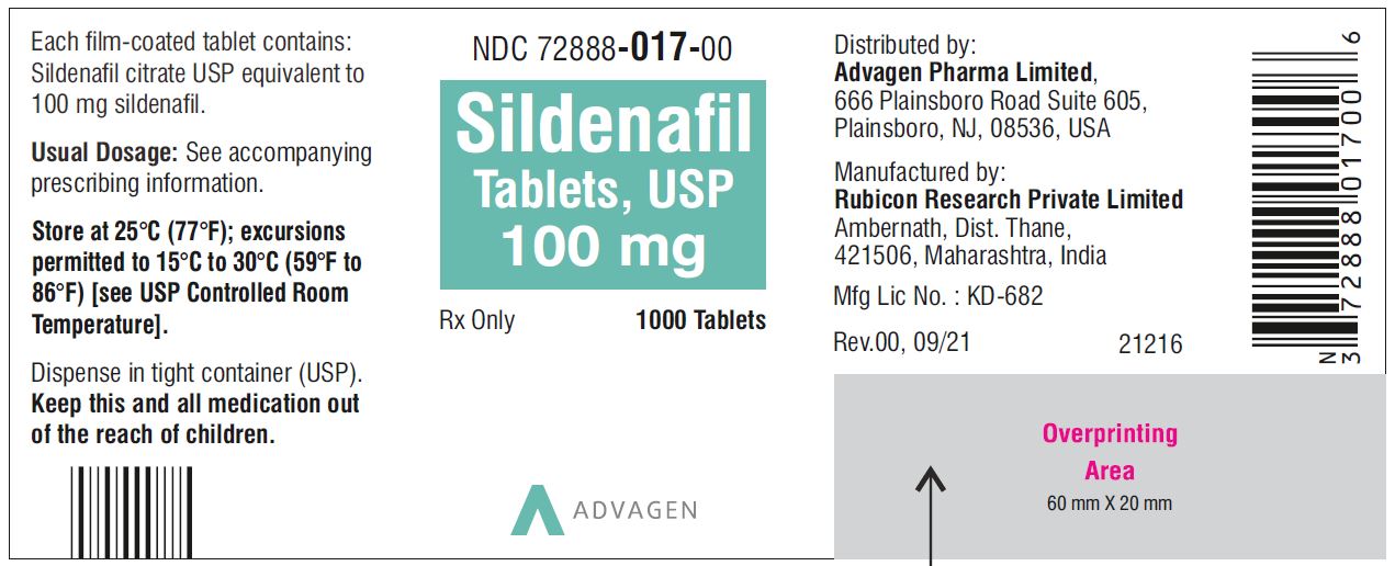 Sildenafil Tablets 100 mg - NDC: <a href=/NDC/72888-017-00>72888-017-00</a> - 1000 Tablets Label