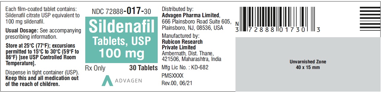 Sildenafil Tablets 100 mg - NDC: <a href=/NDC/72888-017-30>72888-017-30</a> - 30 Tablets Label