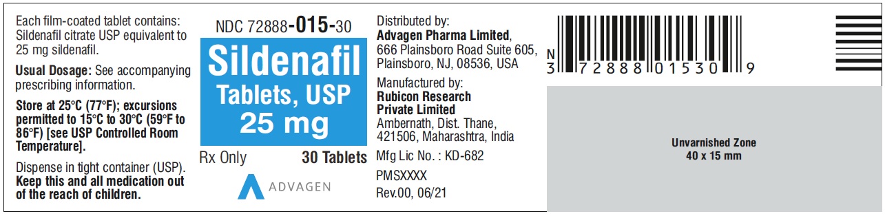Sildenafil Tablets 25 mg - NDC: <a href=/NDC/72888-015-30>72888-015-30</a> - 30 Tablets Label