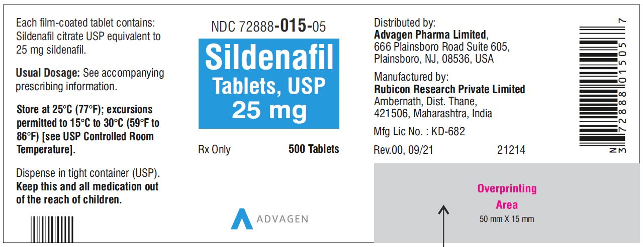Sildenafil Tablets 25 mg - NDC: <a href=/NDC/72888-015-05>72888-015-05</a> - 500 Tablets Label