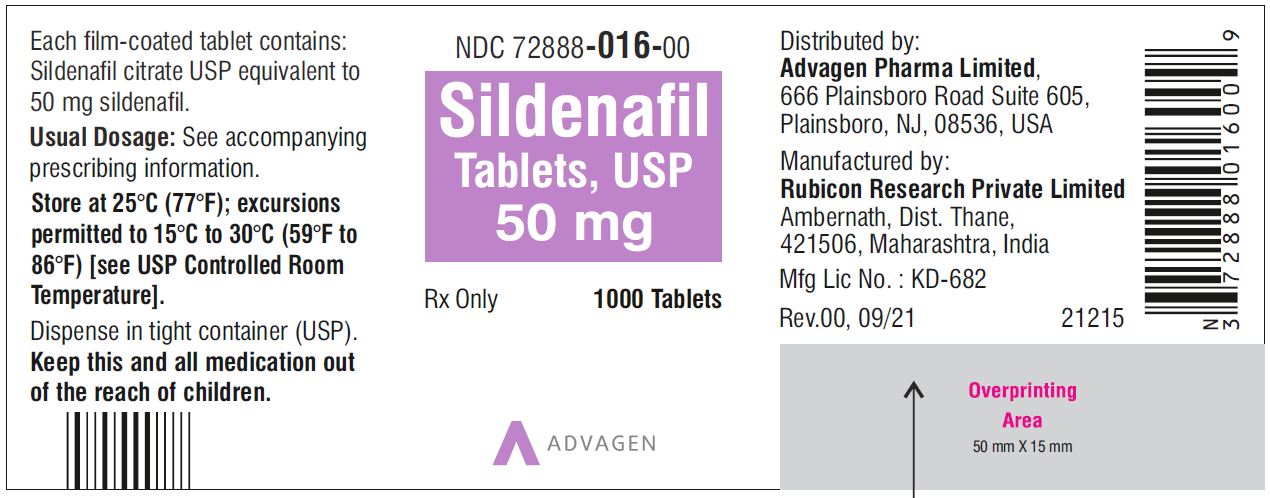 Sildenafil Tablets 50 mg - NDC: <a href=/NDC/72888-016-00>72888-016-00</a> - 1000 Tablets Label