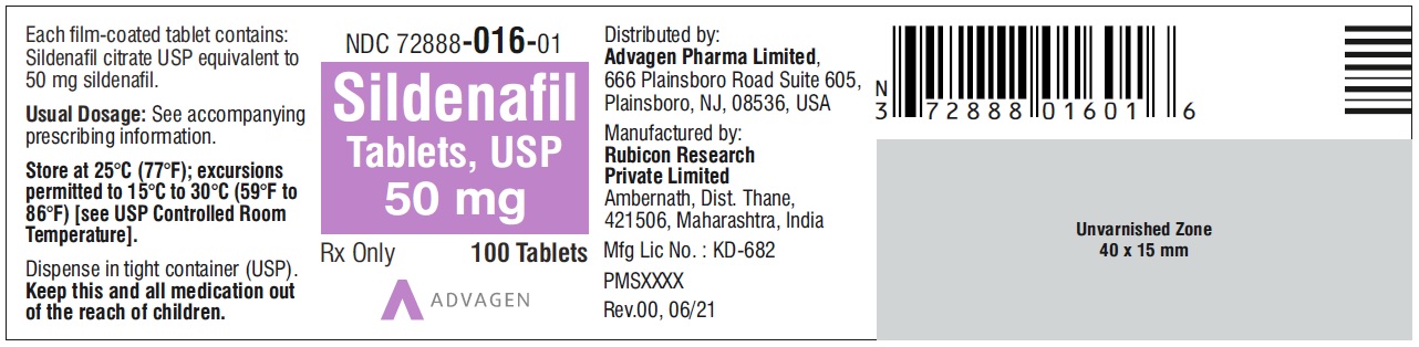 Sildenafil Tablets 50 mg - NDC: <a href=/NDC/72888-016-01>72888-016-01</a> - 100 Tablets Label