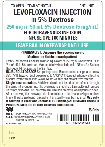 TO OPEN - TEAR AT NOTCH ONE UNIT LEVOFLOXACIN INJECTION in 5% Dextrose 250 mg in 50 mL 5% Dextrose (5 mg/mL) FOR INTRAVENOUS INFUSION INFUSE OVER 60 MINUTES LEAVE BAG IN OVERWRAP UNTIL USE. PHARMACIST: Dispense the accompanying Medication Guide to each patient. Each 50 mL contains a dilute solution equivalent of 250 mg of Levofloxacin, USP (5 mg/mL) in 5% dextrose. May contain Hydrochloric Acid, NF and/or Sodium Hydroxide, NF to adjust pH to 3.8-5.8. USUAL ADULT DOSAGE: See package insert. Recommended storage: at or below 25ºC (77ºF); however, brief exposure up to 40ºC (104ºF) does not adversely affect the product. Protect from light. Avoid excessive heat and protect from freezing. Single dose container. Additives should not be added or infused through the same intravenous line. The overwrap is a moisture barrier. Do not remove unit from overwrap until ready to use. Use unit promptly when pouch is open. After removing the overwrap, check for minute leaks by squeezing container firmly. If leaks are found, discard unit as sterility may be impaired. Use only if solution is clear and container is undamaged. DISCARD UNUSED PORTION. Must not be used in series connections. Rx Only NDC: <a href=/NDC/0143-9722-01>0143-9722-01</a>