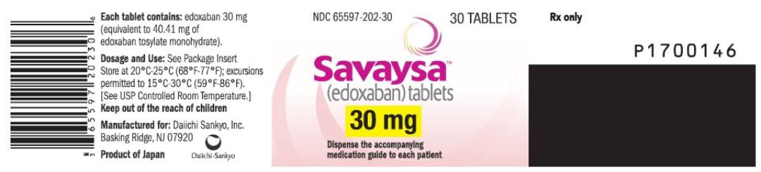 PRINCIPAL DISPLAY PANEL NDC: <a href=/NDC/65597-202-30>65597-202-30</a> Savaysa (edoxaban) tablets 30 mg 30 TABLETS Rx Only