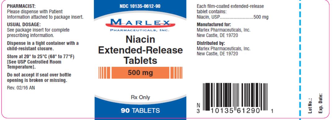 PRINCIPAL DISPLAY PANEL
NDC: <a href=/NDC/10135-0612-9>10135-0612-9</a>0
Marlex
Niacin
Extended- Release Tablets
500 mg
Rx Only
90 Tablets
