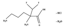 The following structural formula for eflornithine hydrochloride is (±) -2-(difluoromethyl) ornithine monohydrochloride monohydrate, with the empirical formula C6H12F2N2O2 HClH2O, a molecular weight of 236.65.