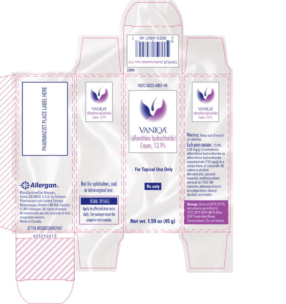 PRINCIPAL DISPLAY PANEL
NDC: <a href=/NDC/0023-4857-45>0023-4857-45</a>
VANIQA
(eflornithine hydrochloride) 
cream, 13.9%
For Topical Use Only
Rx Only
Net wt. 1.59 oz (45 g)

