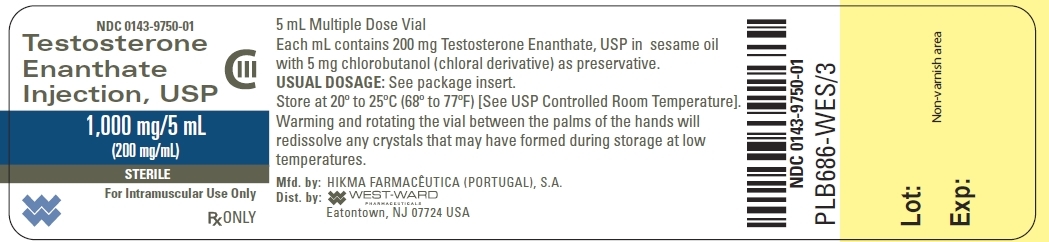 NDC: <a href=/NDC/0143-9750-01>0143-9750-01</a> Testosterone Enanthate Injection, USP CIII 1,000 mg/5 mL (200 mg/mL) STERILE For Intramuscular Use Only Rx ONLY 5 mL Multiple Dose Vial Each mL contains 200 mg Testosterone Enanthate, USP in sesame oil with 5 mg chlorobutanol (chloral derivative) as preservative. USUAL DOSAGE: See package insert. Store at 20º to 25ºC (68º to 77ºF) [See USP Controlled Room Temperature]. Warming and rotating the vial between the palms of the hands will redissolve any crystals that may have formed during storage at low temperatures.