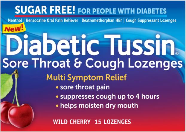 Diabetic Tussin® Sore Throat & Cough Lozenges
Menthol/Benzocaine Oral Pain Relievers   Dextromethorphan HBr/Cough Suppressant


Wild cherry 15 lozenges
