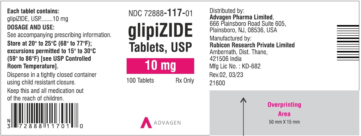 Glipizide Tablets 10mg NDC: <a href=/NDC/72888-117-01>72888-117-01</a> - 100 Tablets Label