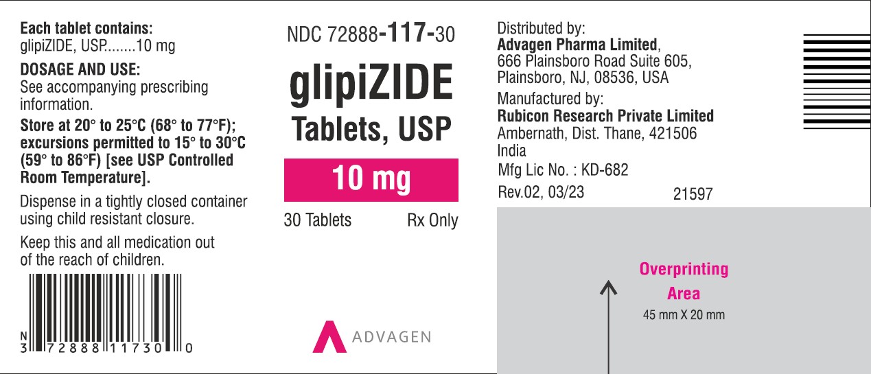 Glipizide Tablets 10mg NDC: <a href=/NDC/72888-117-30>72888-117-30</a> - 30 Tablets Label