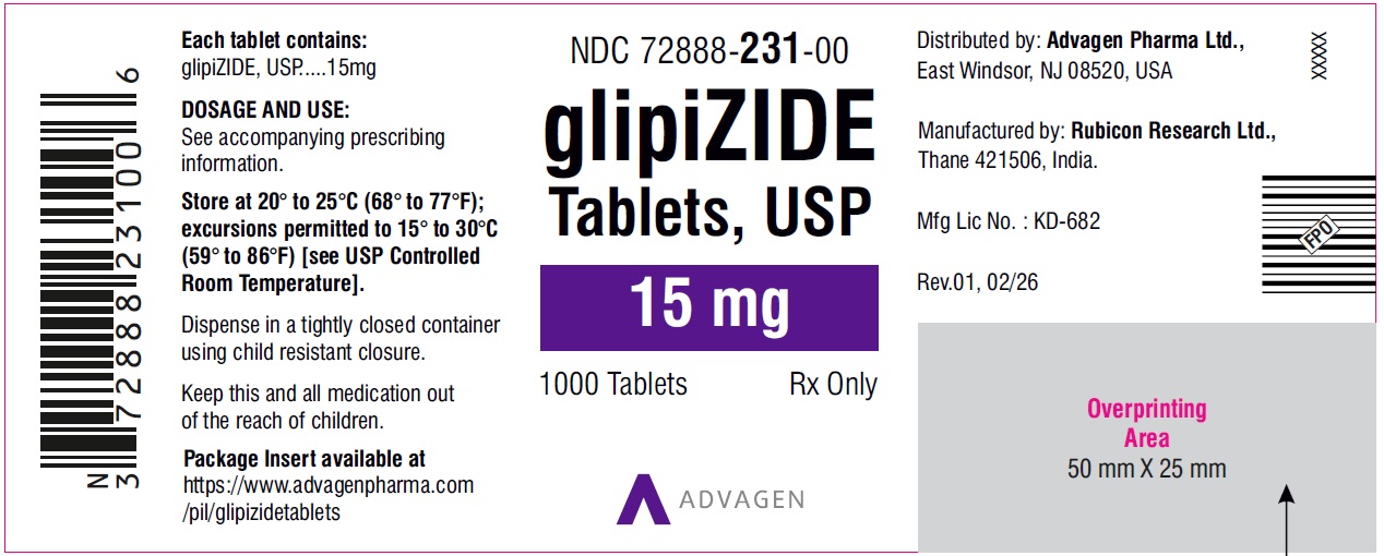Glipizide Tablets 15 mg - NDC: <a href=/NDC/72888-231-00>72888-231-00</a> - 1000 Tablets Label