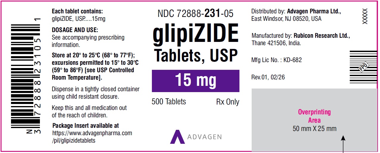 Glipizide Tablets 15 mg - NDC: <a href=/NDC/72888-231-05>72888-231-05</a> - 500 Tablets Label