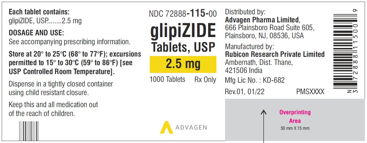 Glipizide Tablets 2.5mg - NDC: <a href=/NDC/72888-115-00>72888-115-00</a> - 1000 Tablets Label